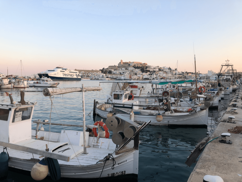 Fischerboote im Hafen von Eivissa, im Hintergrund die Altstadt mit Festung. 